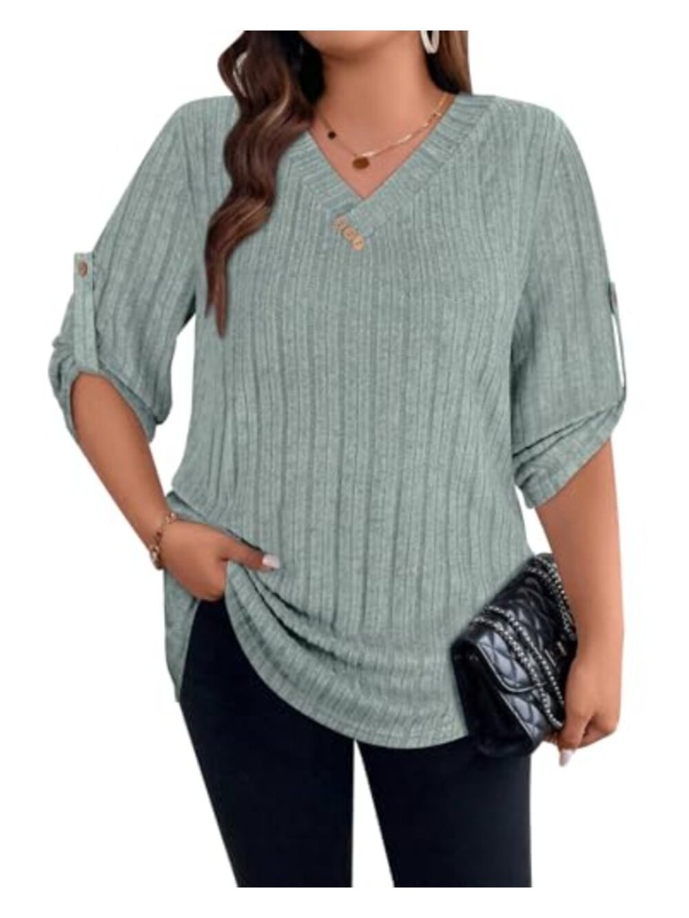 Women's Plus Size Tunic Top 3/4 Roll Sleeve V-Neck Button Shirt